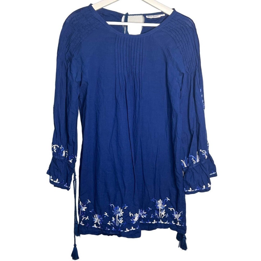 Roller Rabbit Embroidered Floral Bell Sleeve Tassel Mini Dress Navy Blue Size XS